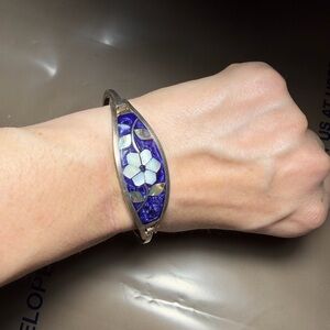 Vintage Alpaca Mexico Silver Bangle Bracelet, Abalone Shell & Mother of Pearl